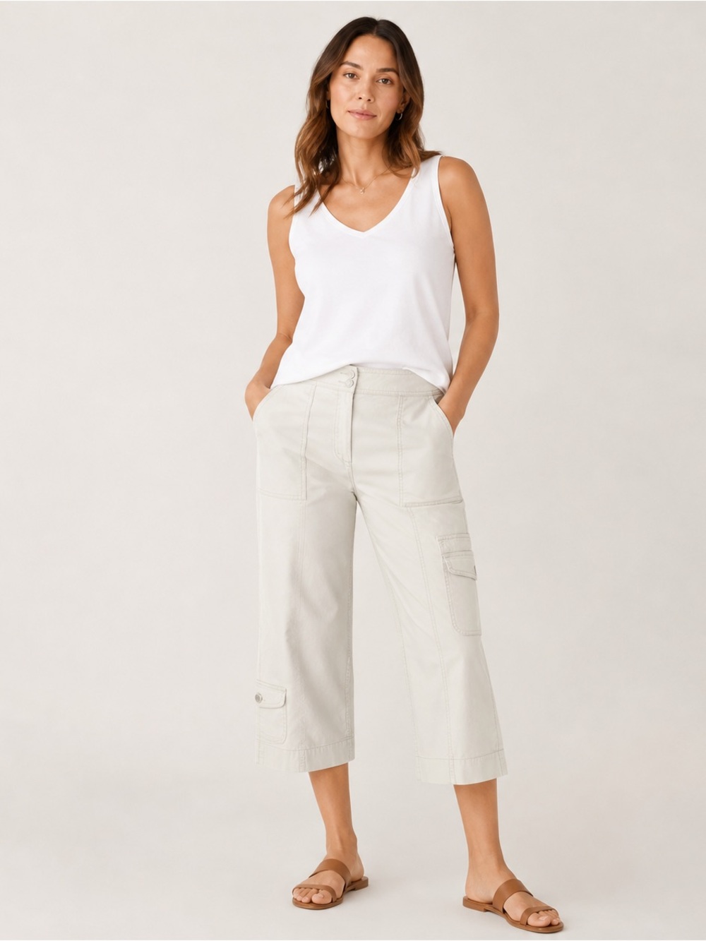 Coldwater Creek Neutral Utility Crop Sz 14 | Coastal Casual Minimal Cargo Capri